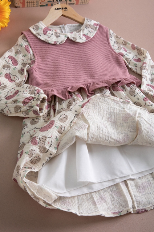 Pembe Kirpi Desenli Süveterli Kız Çocuk Elbise 20222