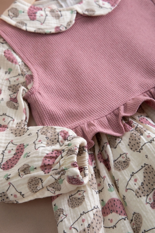 Pembe Kirpi Desenli Süveterli Kız Çocuk Elbise 20222