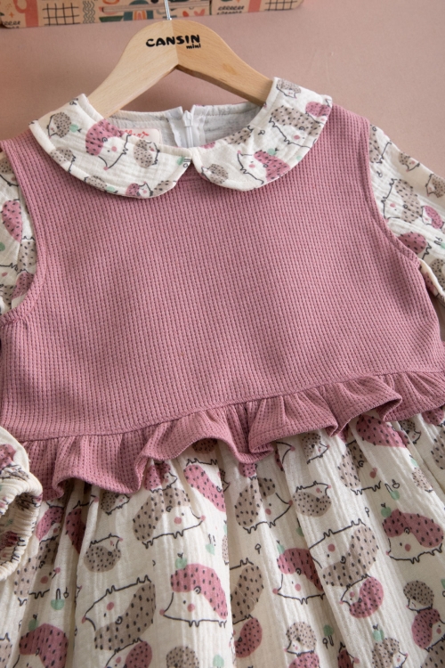 Pembe Kirpi Desenli Süveterli Kız Çocuk Elbise 20222