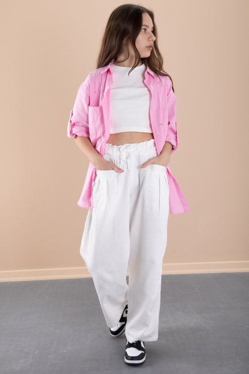 Pembe Kız Çocuk Croplu Taşlı Gömlek ve Pantolonlu 3lü Takım 20470