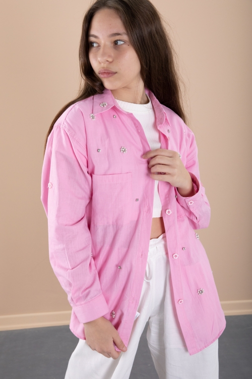 Pembe Kız Çocuk Croplu Taşlı Gömlek ve Pantolonlu 3lü Takım 20470