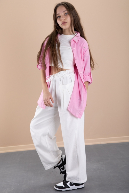 Pembe Kız Çocuk Croplu Taşlı Gömlek ve Pantolonlu 3lü Takım 20470