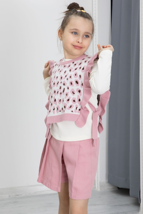 Pembe Leopar Desenli Süveterli Şort Etekli Kız Çocuk Badili 3lü Takım 20499