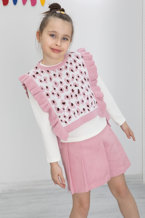 Pembe Leopar Desenli Süveterli Şort Etekli Kız Çocuk Badili 3lü Takım 20499