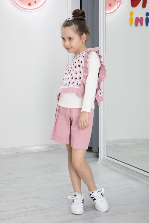 Pembe Leopar Desenli Süveterli Şort Etekli Kız Çocuk Badili 3lü Takım 20499