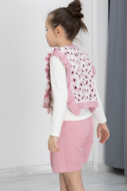 Pembe Leopar Desenli Süveterli Şort Etekli Kız Çocuk Badili 3lü Takım 20499