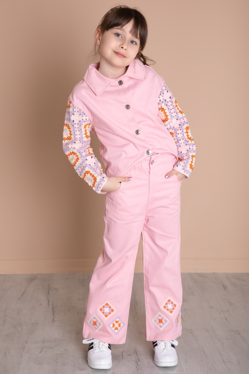 Pembe Nakış Detaylı Kolları Dantel Kız Çocuk Alt Üst Takım 20336