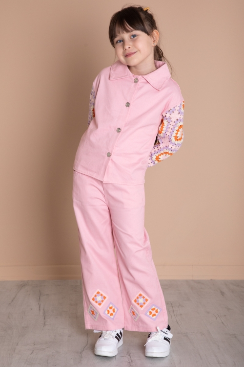 Pembe Nakış Detaylı Kolları Dantel Kız Çocuk Alt Üst Takım 20336