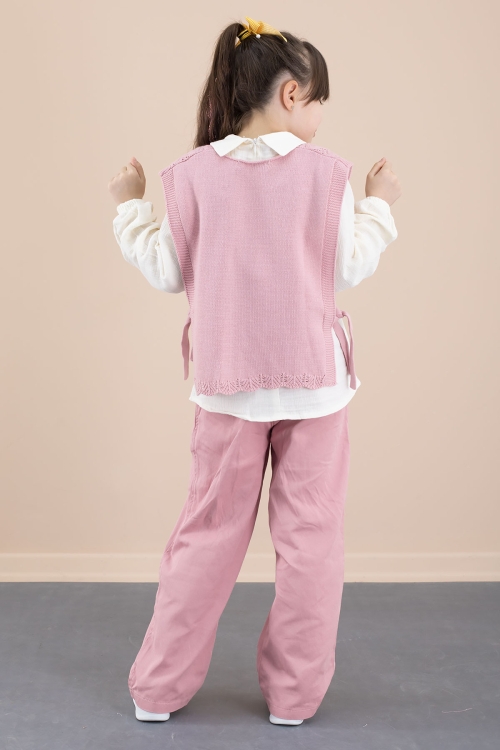 Pembe Örgü Süveterli Müslin Gömlekli Kız Çocuk 3lü Alt Üst Takım 20537