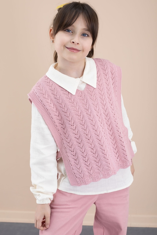 Pembe Örgü Süveterli Müslin Gömlekli Kız Çocuk 3lü Alt Üst Takım 20537