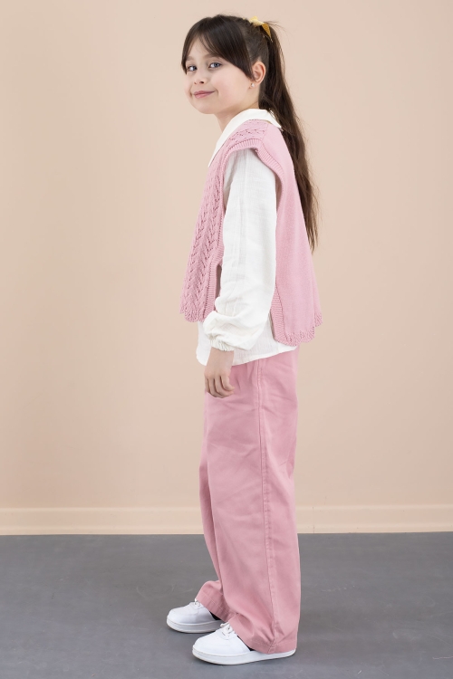 Pembe Örgü Süveterli Müslin Gömlekli Kız Çocuk 3lü Alt Üst Takım 20537