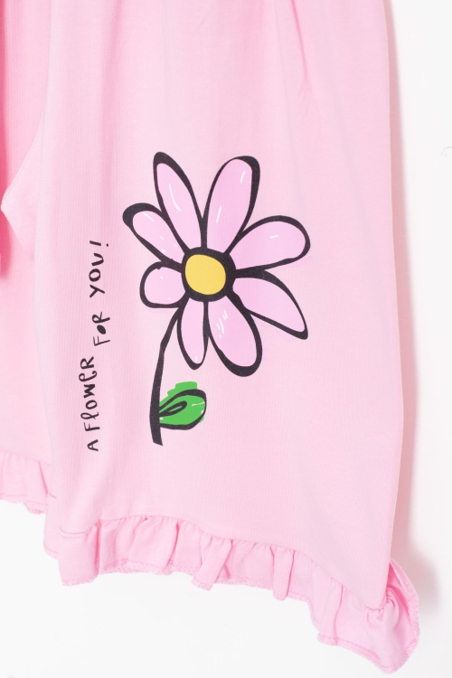 Pembe Papatya Baskılı Fırfır Detaylı Kız Çocuk Şortlu 2li Takım 20602