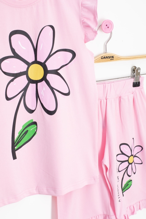 Pembe Papatya Baskılı Fırfır Detaylı Kız Çocuk Şortlu 2li Takım 20602