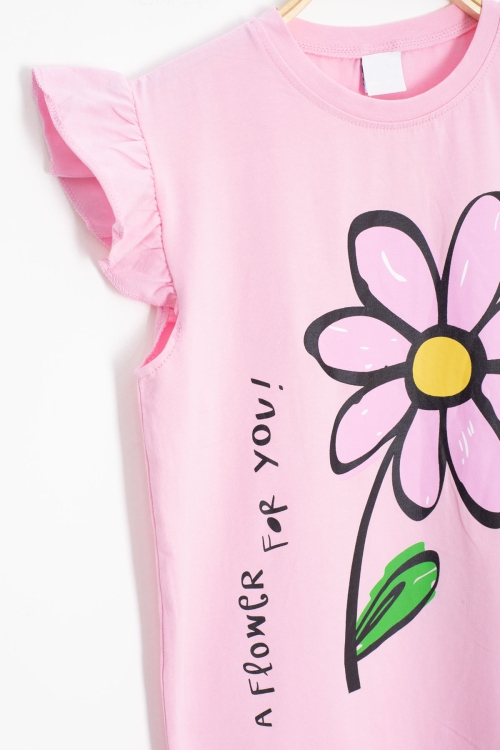 Pembe Papatya Baskılı Fırfır Detaylı Kız Çocuk Şortlu 2li Takım 20602