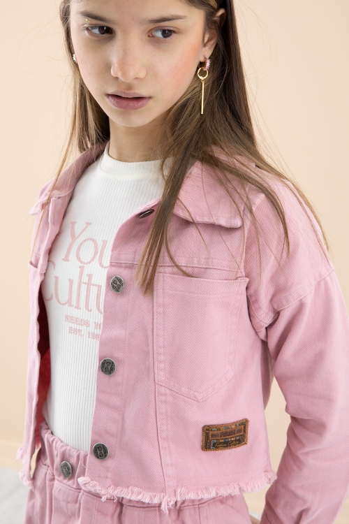 Pembe Püsküllü Jean Ceketli Kız Çocuk 3lü Etekli Takım 20175