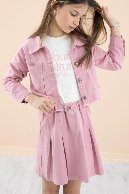 Pembe Püsküllü Jean Ceketli Kız Çocuk 3lü Etekli Takım 20175