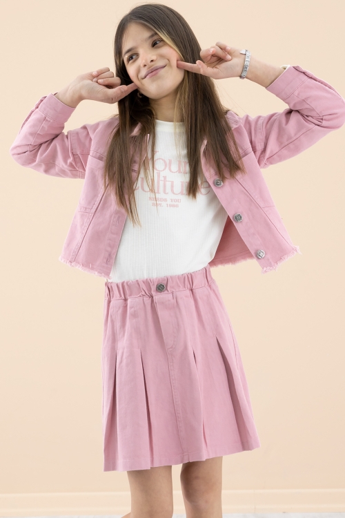 Pembe Püsküllü Jean Ceketli Kız Çocuk 3lü Etekli Takım 20175