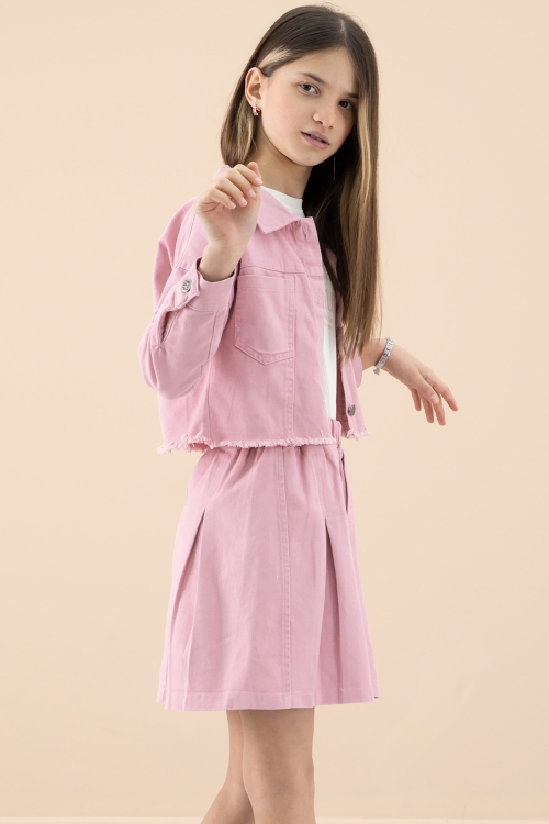 Pembe Püsküllü Jean Ceketli Kız Çocuk 3lü Etekli Takım 20175