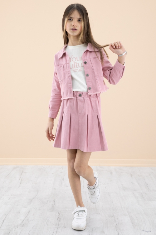 Pembe Püsküllü Jean Ceketli Kız Çocuk 3lü Etekli Takım 20175