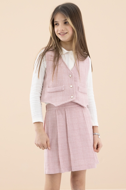 Pembe Simli Yelekli Etekli Kız Çocuk Gömlekli 3lü Takım 20234