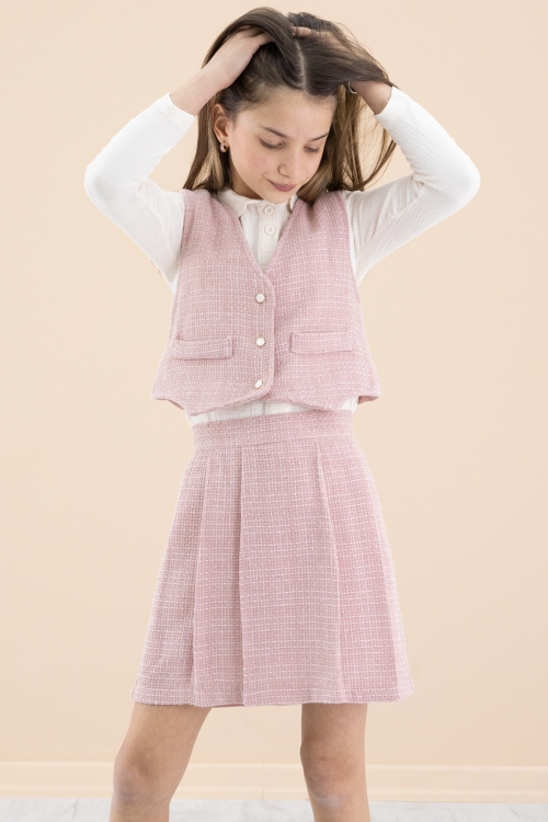 Pembe Simli Yelekli Etekli Kız Çocuk Gömlekli 3lü Takım 20234