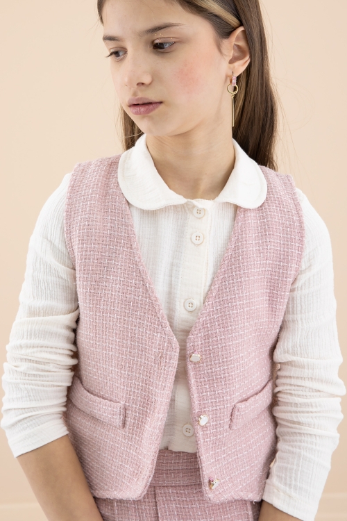 Pembe Simli Yelekli Etekli Kız Çocuk Gömlekli 3lü Takım 20234