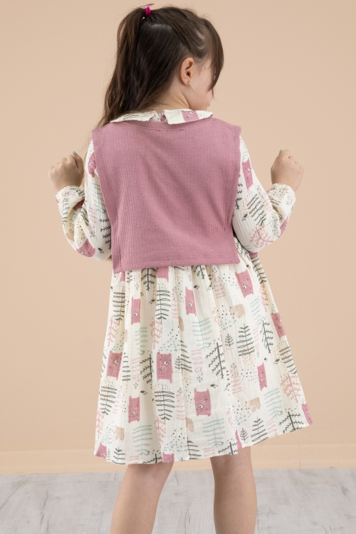 Pembe Süveterli Desenli Kız Çocuk Uzun Kol Elbise 20220