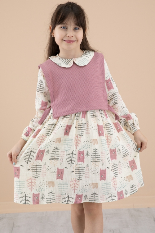 Pembe Süveterli Desenli Kız Çocuk Uzun Kol Elbise 20220