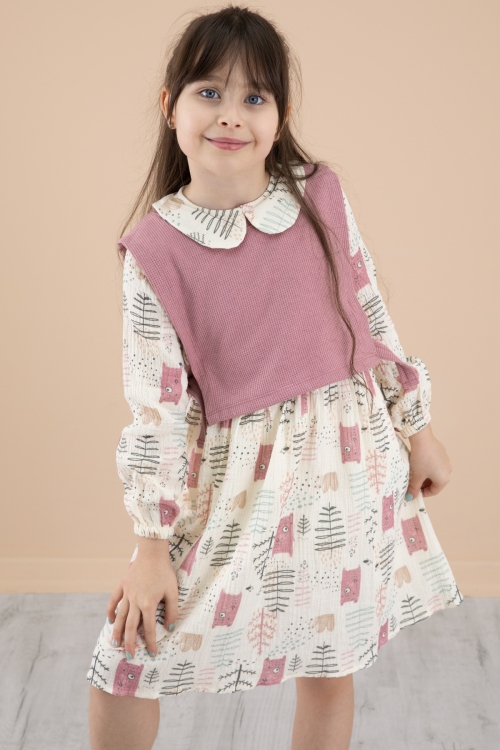 Pembe Süveterli Desenli Kız Çocuk Uzun Kol Elbise 20220