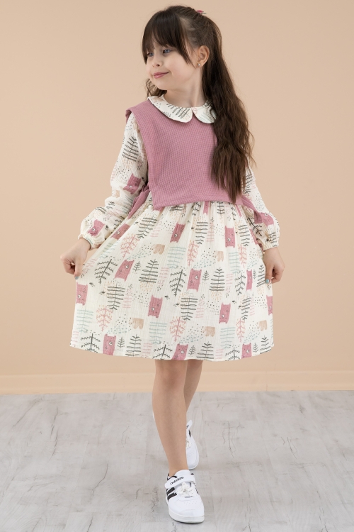 Pembe Süveterli Desenli Kız Çocuk Uzun Kol Elbise 20220