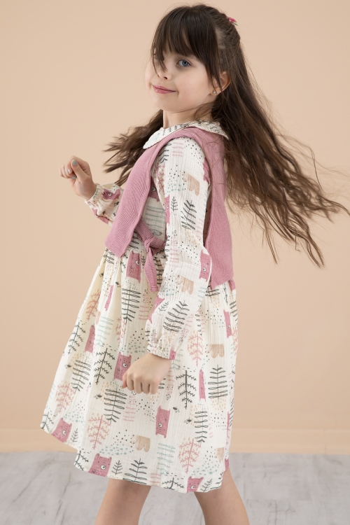 Pembe Süveterli Desenli Kız Çocuk Uzun Kol Elbise 20220