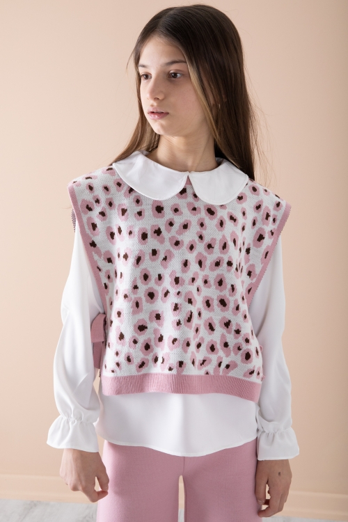 Pembe Süveterli Gömlekli Kız Çocuk Triko Pantolonlu 3lü Takım 20339