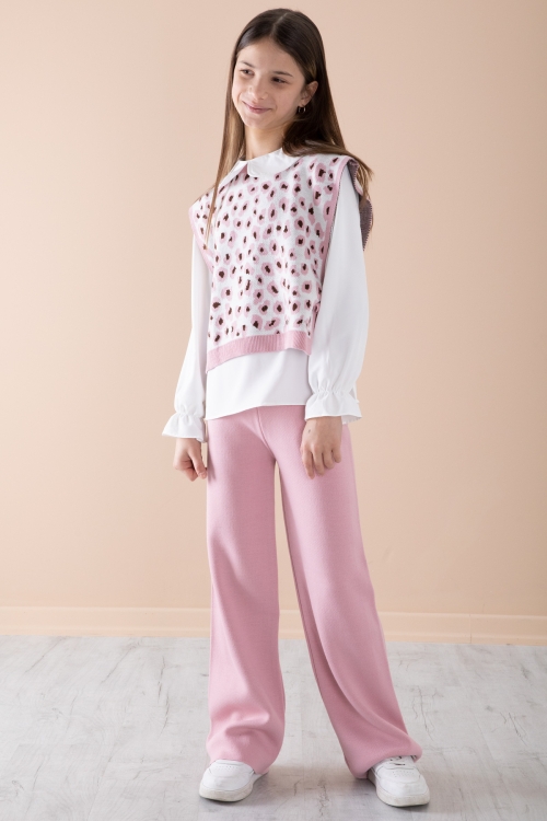 Pembe Süveterli Gömlekli Kız Çocuk Triko Pantolonlu 3lü Takım 20339