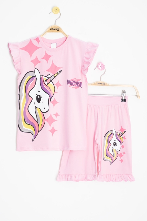 Pembe Unicorn Baskılı Kız Çocuk Şortlu 2li Takım 20609