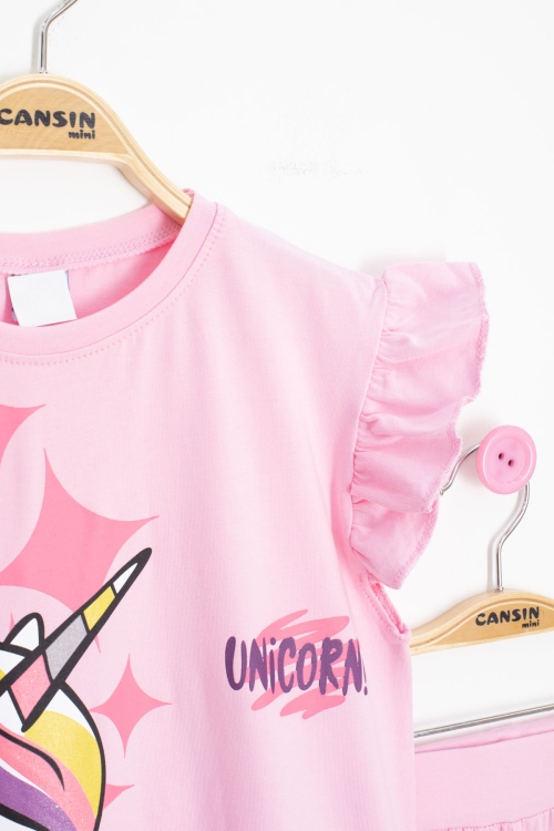 Pembe Unicorn Baskılı Kız Çocuk Şortlu 2li Takım 20609