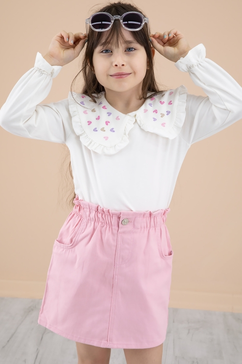 Pembe Yakası Kalp Nakışlı Badili Jean Etekli Kız Çocuk Takım 20332