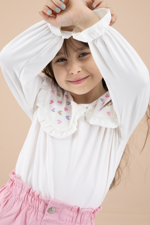 Pembe Yakası Kalp Nakışlı Badili Jean Etekli Kız Çocuk Takım 20332