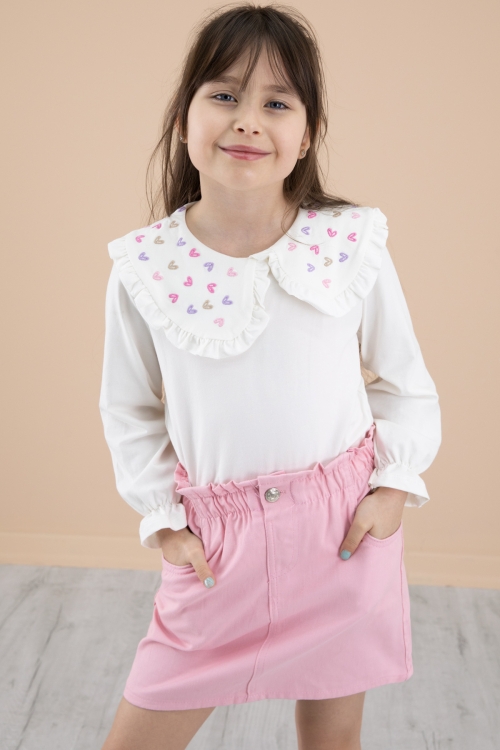 Pembe Yakası Kalp Nakışlı Badili Jean Etekli Kız Çocuk Takım 20332