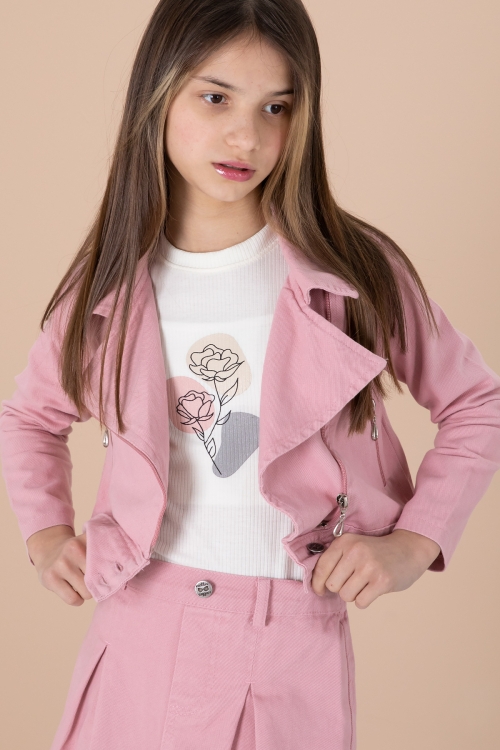 Pembe Yan Fermuarlı Jean Ceketli 3lü Etekli Kız Çocuk Takım 20199