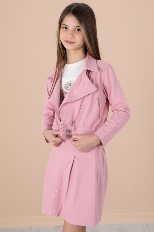 Pembe Yan Fermuarlı Jean Ceketli 3lü Etekli Kız Çocuk Takım 20199