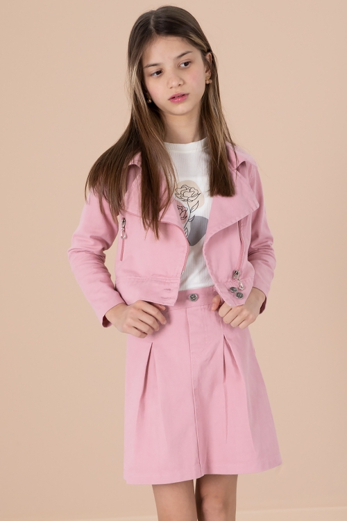 Pembe Yan Fermuarlı Jean Ceketli 3lü Etekli Kız Çocuk Takım 20199