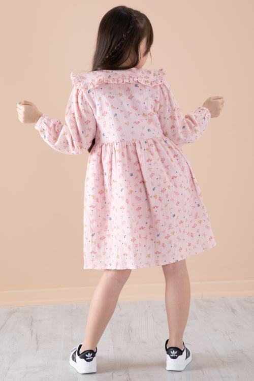 Pembe Yaprak Desenli Düğmeli Müslin Kız Çocuk Elbise 20308