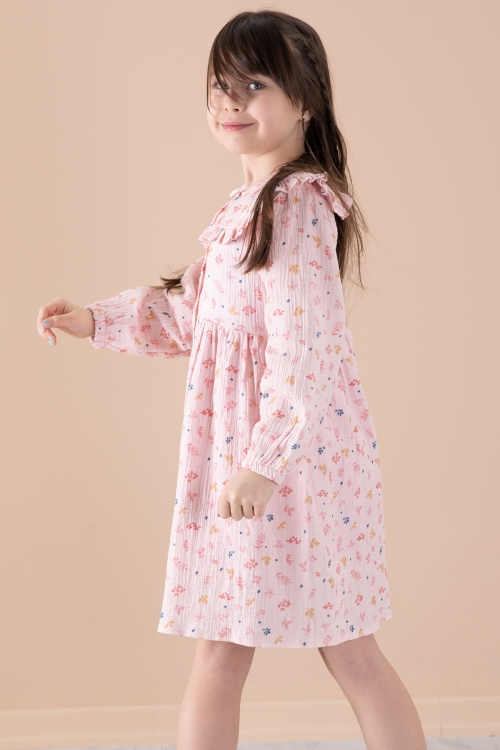 Pembe Yaprak Desenli Düğmeli Müslin Kız Çocuk Elbise 20308