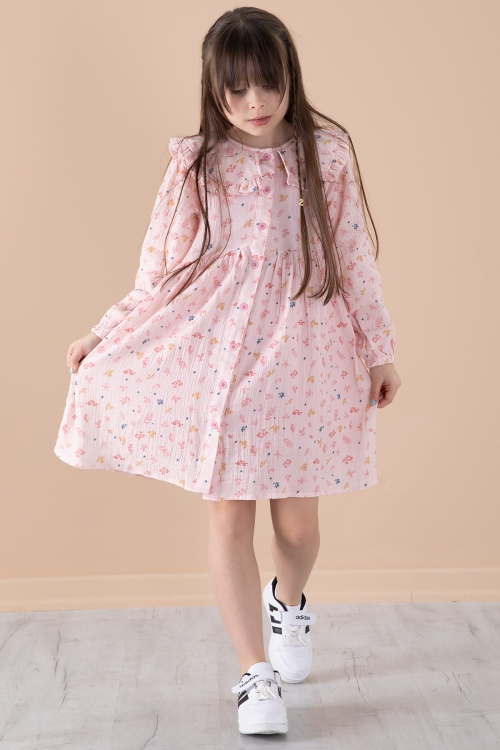 Pembe Yaprak Desenli Düğmeli Müslin Kız Çocuk Elbise 20308