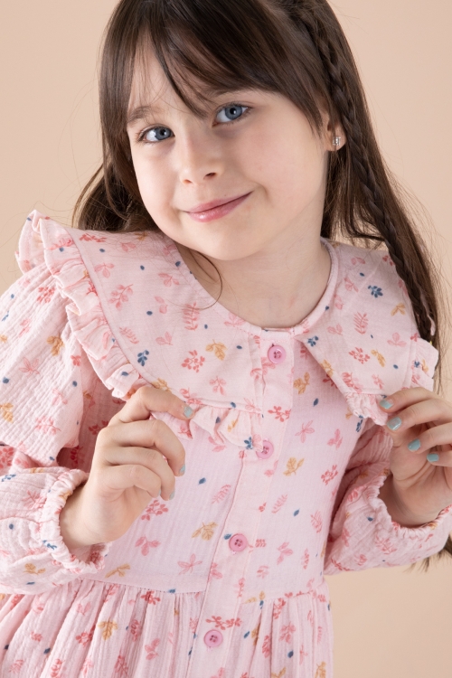 Pembe Yaprak Desenli Düğmeli Müslin Kız Çocuk Elbise 20308