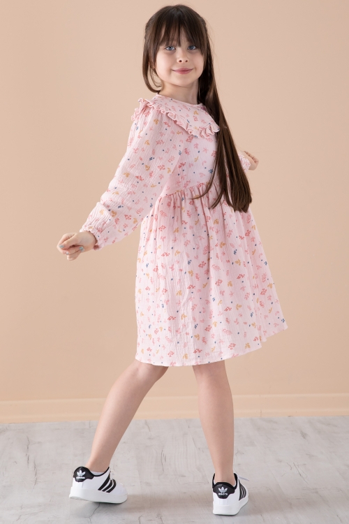 Pembe Yaprak Desenli Düğmeli Müslin Kız Çocuk Elbise 20308