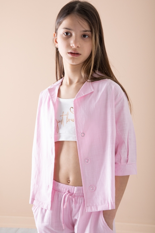 Pembe Yarım Kol Kız Çocuk 3lü Croplu Takım 20325