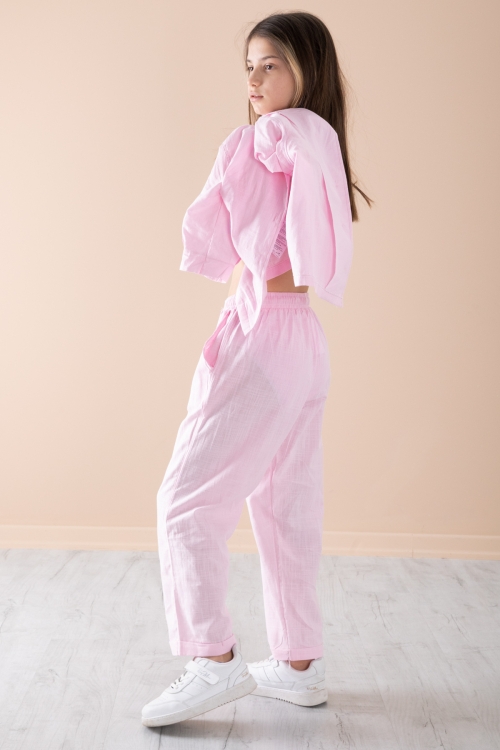 Pembe Yarım Kol Kız Çocuk 3lü Croplu Takım 20325