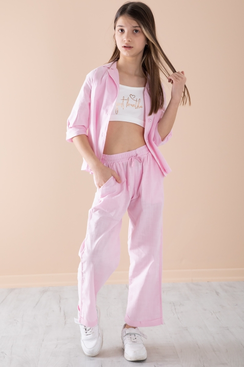 Pembe Yarım Kol Kız Çocuk 3lü Croplu Takım 20325