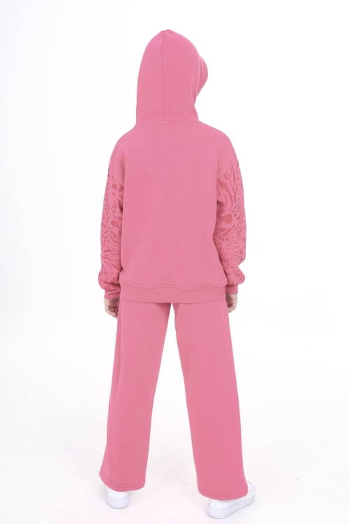 Pembe Yazı Baskılı Geniş Paça Polarlı Kız Çocuk Eşofman Takımı 16448